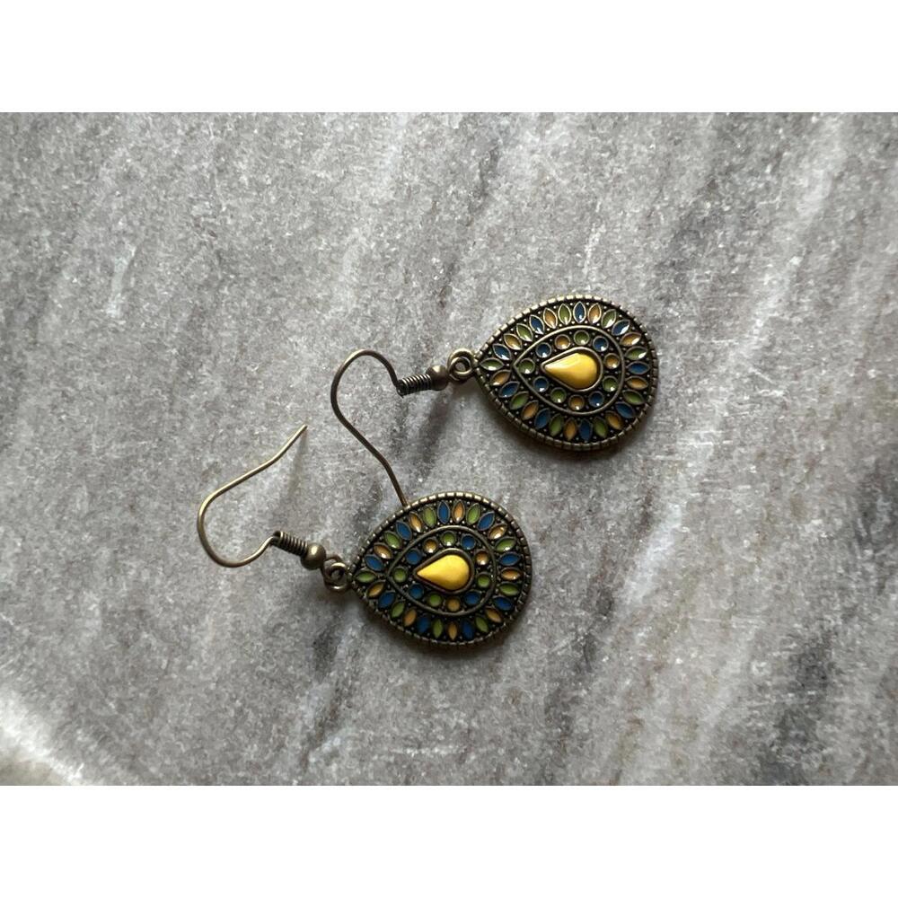 Vintage Style Teardrop Dangle Earrings with Colorful Inlay